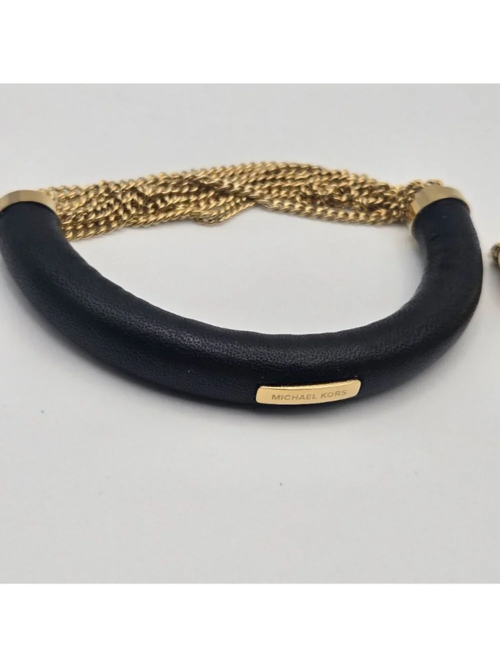 Michael Kors Gold Black Leather Chain Cuff Bracelets Set Of 2 Magnetic Closure